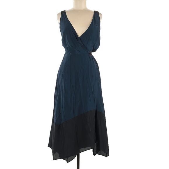 NEW Club Monaco 100% Silk Colorblock Blue Black Sleeveless Midi Wrap Dress 6 - Picture 4 of 6
